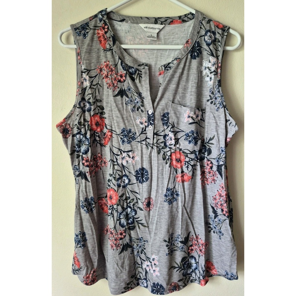 Liz Claiborne Women's Floral Henley Tank Gray Pocket Button Placket‎ Size L